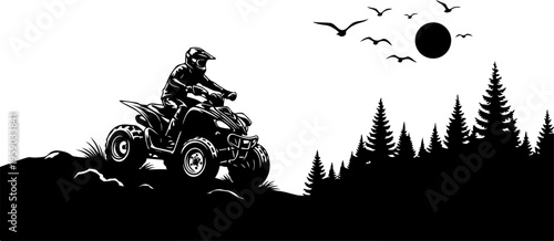 A black and white illustration of a person riding an atv through mountains