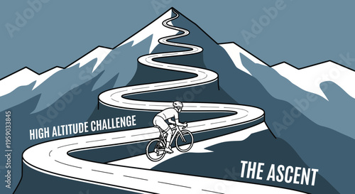 Cyclist Ascending Winding Road to Mountain Peak High Altitude Challenge Concept