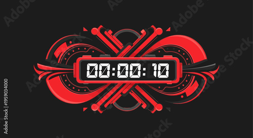 Countdown Timer With Dynamic Red Abstract Energetic Design On Black Background