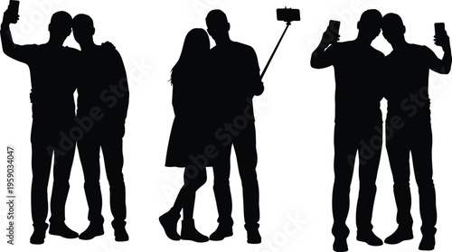 Friends taking selfies with smartphones and selfie stick showing social media lifestyle friendship modern communication technology silhouette vector illustration set