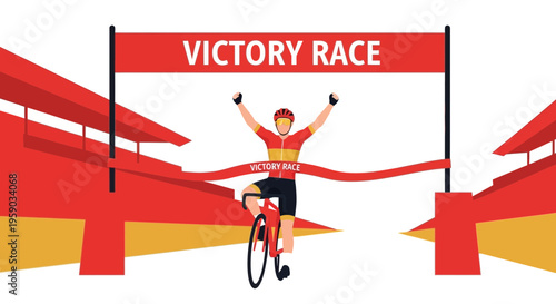 Cyclist Crossing Finish Line Celebrating Victory In Race