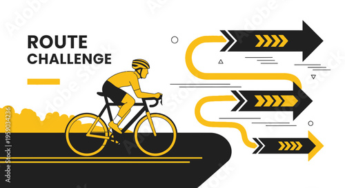 Cyclist Embarks on a Route Challenge Against Vibrant Background With Arrows and Pathway
