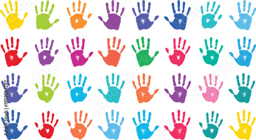 Large Collection of Colorful Human Handprints Vector Set Featuring Vibrant Rainbow Paint Palms for Diversity Inclusion Community and Creative Art Education Project Backgrounds