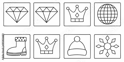 Simple black and white line drawings of crowns gems and headwear