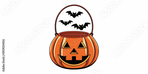 An orange jack o lantern halloween bucket with flying bats illustration