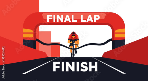 Cyclist Reaching the Finish Line in a Cycling Race, Achieving the Final Lap Victory