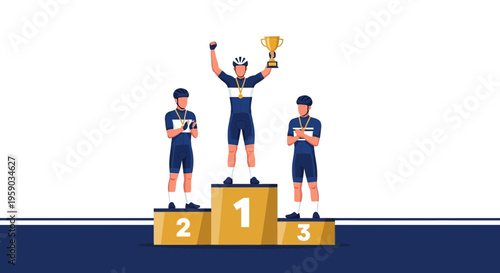 Cyclist Triumph: Champion Celebrates Victory on Podium, Securing First Place And Gold Trophy
