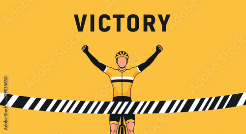 Cyclist Triumph Reaching Finish Line Showing Victorious Gesture Against Yellow Background