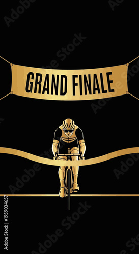 Cyclist Triumph Reaching Grand Finale Ribbon Against Black Background Achieving Victory