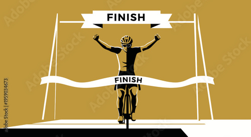 Cyclist Triumph Reaching The Finish Line Celebrating Victory in Cycling Competition