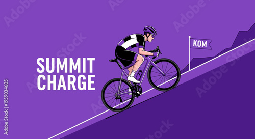 Cyclist Ascending Steep Hill Reaching Summit Charge Against Purple Gradient Background