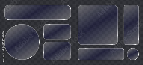 Set of glassmorphism style buttons and frames with glossy borders