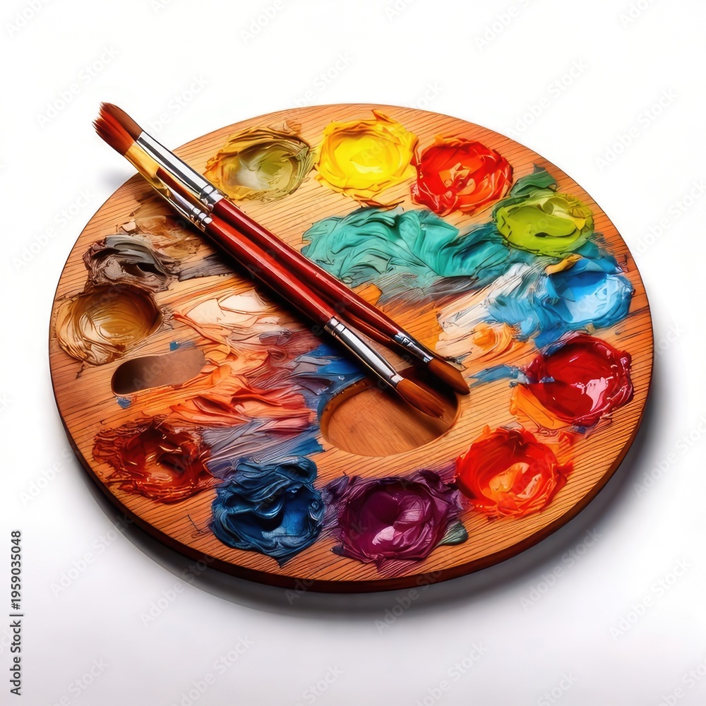 Obraz premium Wooden palette with paints & brushes ready for art
