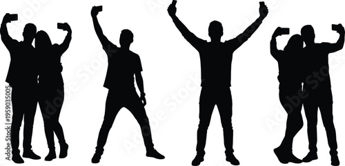 Group of people silhouettes taking selfies with smartphones isolated black vector illustration showing modern social media lifestyle and friendship moments