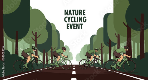Cyclists Riding Bicycles in a Forest, Nature Cycling Event, Adventure Race Illustration
