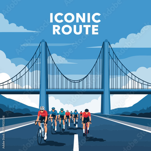Cyclists Riding Along Road Near Modern Suspension Bridge Under Cloudy Sky, Scenic Route