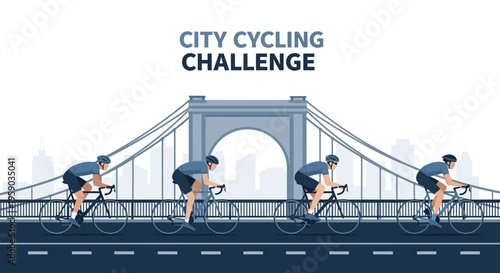 Cyclists Compete in City Cycling Challenge Over Iconic Bridge in Dynamic Graphic Design
