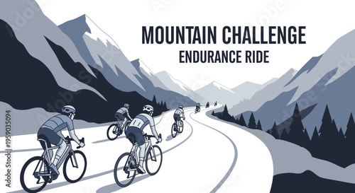 Cyclists Undertaking A Mountain Challenge Endurance Ride Along Winding Road In The Mountains