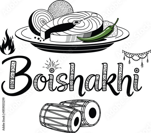 Boishakhi Bengali New Year food illustration with traditional sweets panta ilish typography drums cultural festive vector black and white design