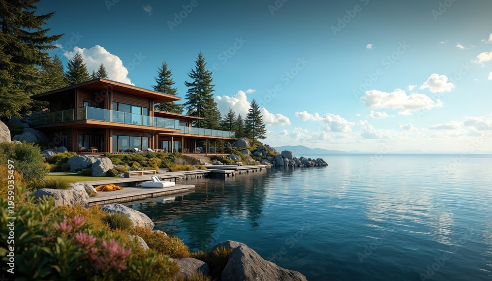 Obraz premium Luxury modern wooden house with large windows sits on rocky shore. Two levels offer balconies and deck space by calm blue water. Rich green trees surround this waterside estate.