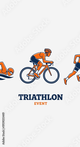 Depicting Triathlon Event: Swimming, Cycling, and Running in a Clean, Minimalist Style