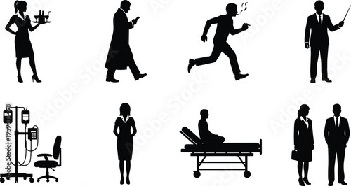 Human activity silhouettes set including waitress businessman smoker hospital equipment patient bed corporate people lifestyle vector illustration collection