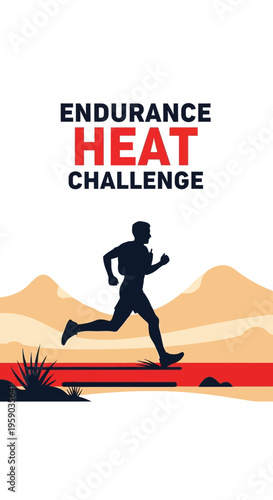 Desert Endurance Challenge: Silhouette Runner Tackling Intense Heat with Mountainous Terrain
