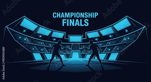 Digital Arena Championship Finals With Two Silhouetted Athletes Competing In A Futuristic Stadium