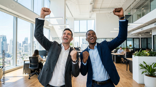 Two diverse businessmen cheer with raised fists in a modern office, celebrating a successful deal or corporate victory, professional triumph, teamwork success, winning energy.
