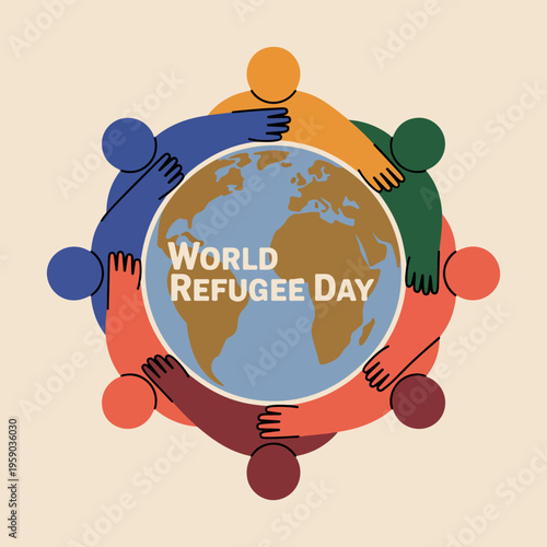 Diverse people embrace earth for world refugee day