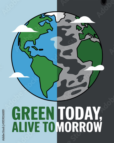 Earth split half green and half polluted with clouds and text