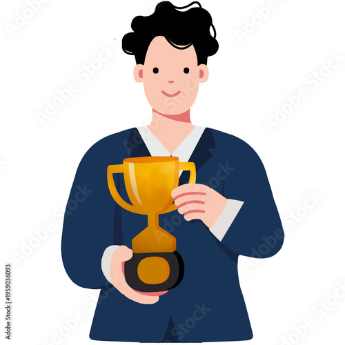 Businessman Holding Golden Trophy Award Flat Vector Illustration Isolated on Background