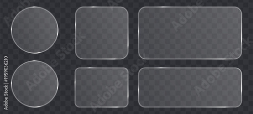 Set of glassmorphism frames, transparent glossy plates with rounded corners and circles