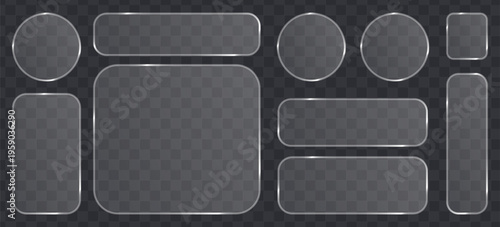 Set of glassmorphism style buttons and frames with glossy borders