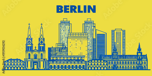 Berlin skyline illustration with prominent buildings and a bright yellow background
