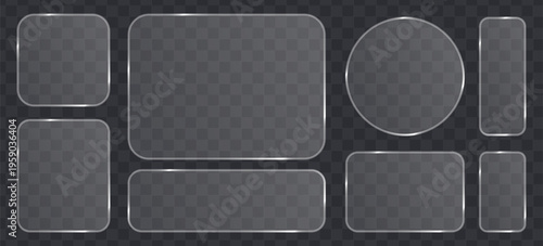 Set of glassmorphism frames, frosted glass plates, transparent ui elements with glossy borders