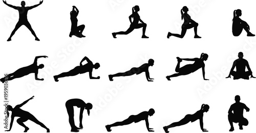 Workout silhouettes collection, fitness exercises and training poses, strength and flexibility routine, healthy lifestyle activity, gym and yoga movements, black silhouette vector illustration set