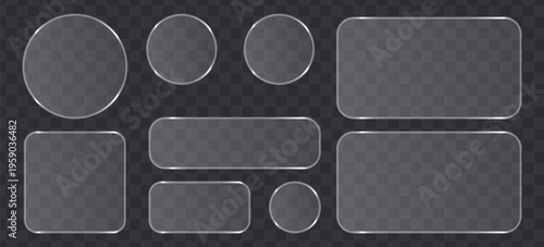 Set of glassmorphism buttons, frosted glass shapes, transparent ui elements with glossy borders
