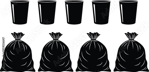 Trash bags and bins silhouettes collection, garbage disposal and waste management concept, household cleaning items, sanitation equipment, recycling and environment care, black silhouette vector 