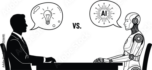 Human versus artificial intelligence concept illustration showing businessman and robot communication ideas innovation technology comparison futuristic debate scene