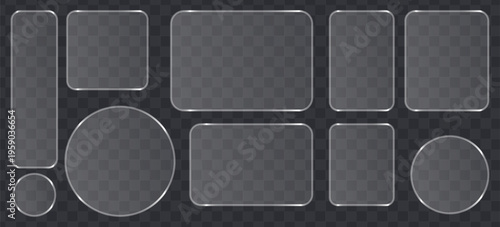 Set of glassmorphism frames, frosted glass plates, transparent ui elements with rounded corners