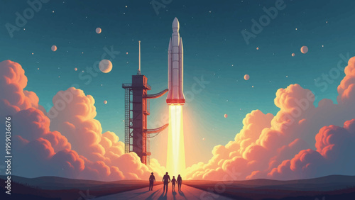 Rocket launch, space exploration, futuristic scene, astronomy background