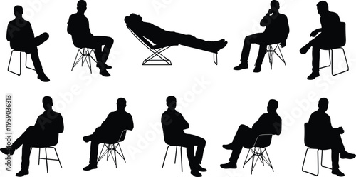 Man sitting silhouettes collection, different seated poses on chair, relaxed and thinking positions, casual lifestyle concept, body language variety, black silhouette vector illustration set