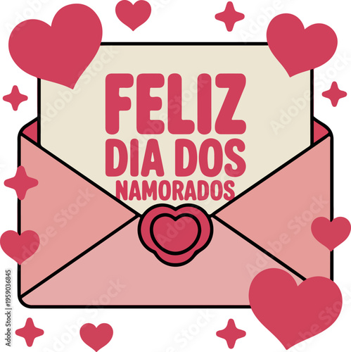 Feliz Dia Dos Namorados text on envelope with hearts