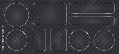 Set of glassmorphism frames, frosted glass shapes with glowing light borders, vector ui elements