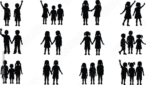 Children silhouettes holding hands, kids friendship and togetherness concept, group of boys and girls standing, playful childhood interaction, unity, social bonding, black silhouette vector 