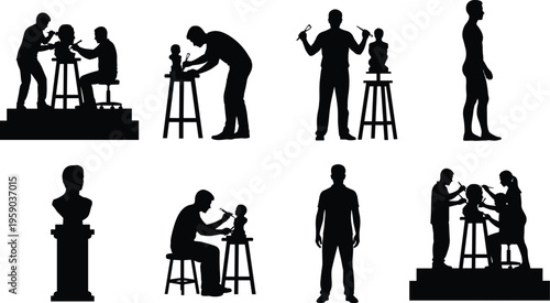 Sculptor artist silhouettes creating statues, craftsmanship workshop scene, sculpting process with tools, creative studio activity, fine art production, artisan carving, black silhouette vector 