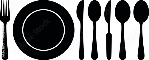 Plate and cutlery silhouette with fork knife and spoons in minimalist dining black vector style