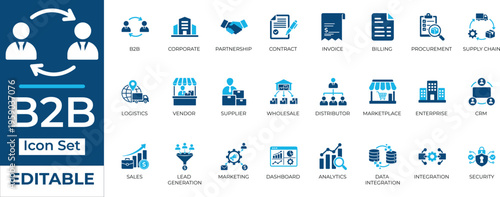 B2B business and corporate vector icon set. Flat two-color icons for finance, logistics, marketing, e-commerce, and analytics. Fully editable.