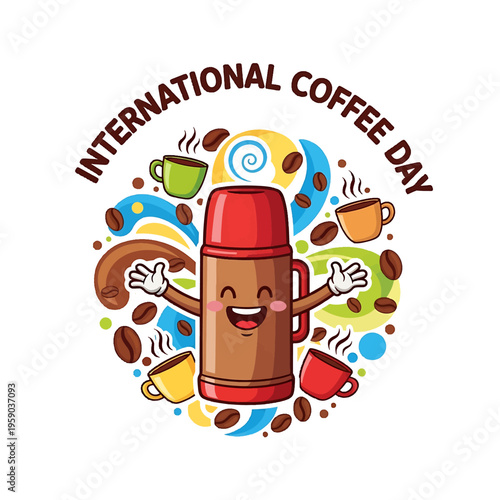 Celebration of International Coffee Day with Coffee Cup Character.
